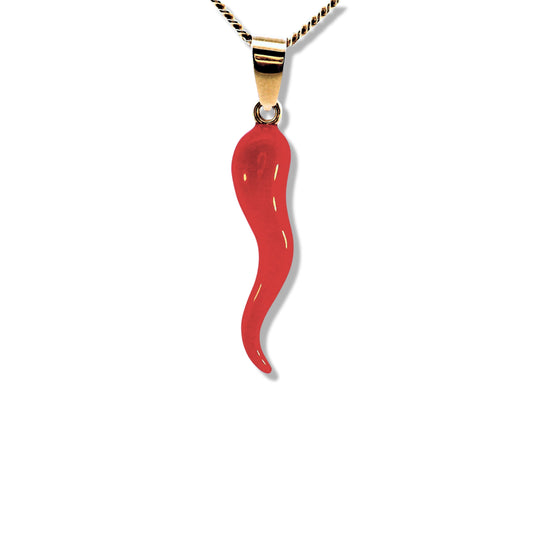 14K Yellow Gold Red Italian Horn Pendant