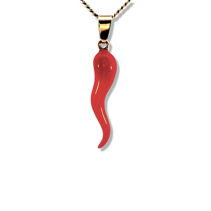 14K Yellow Gold Red Italian Horn Pendant