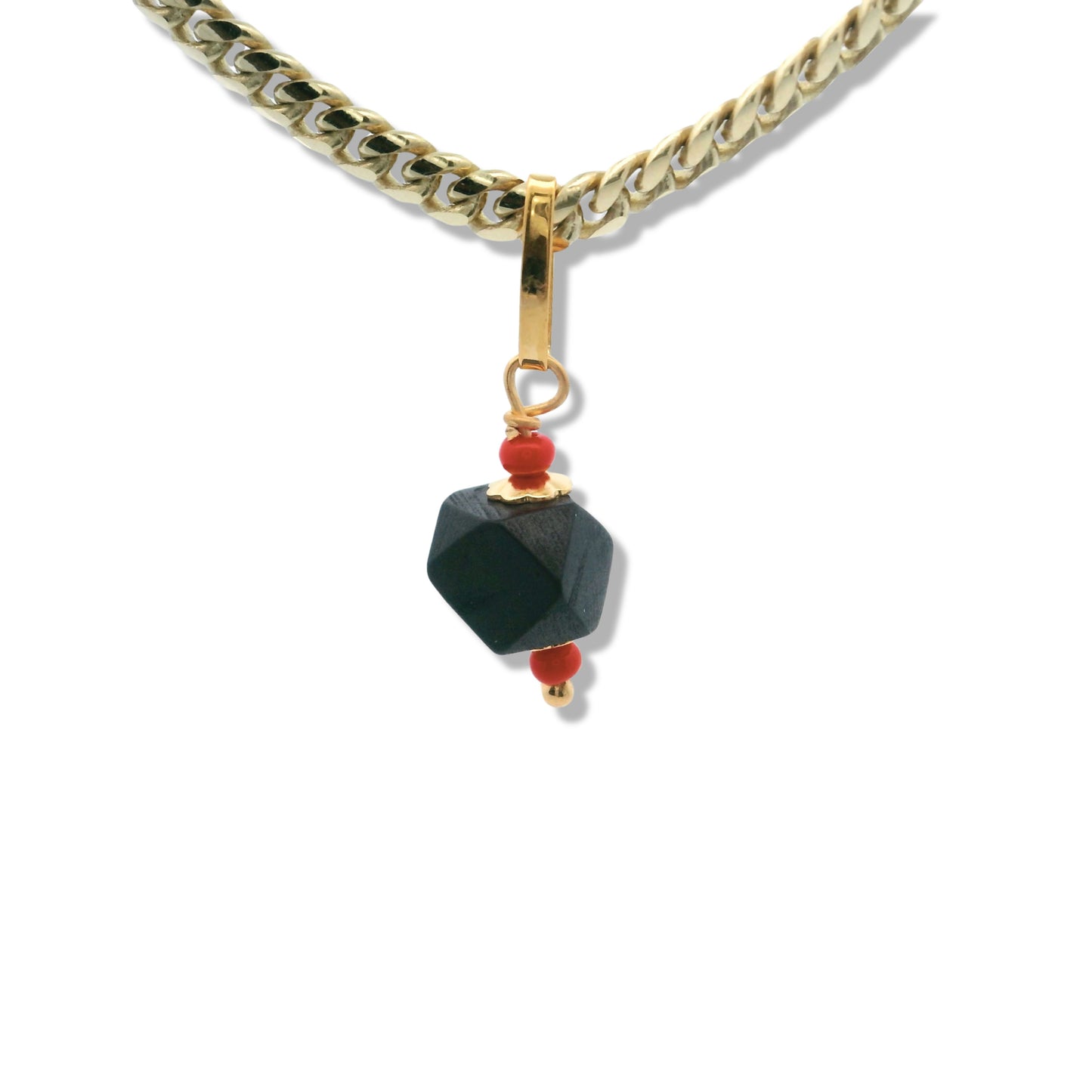 14K Yellow Gold Red Bead Accented Azabache Charm