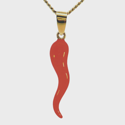 14K Yellow Gold Red Italian Horn Pendant